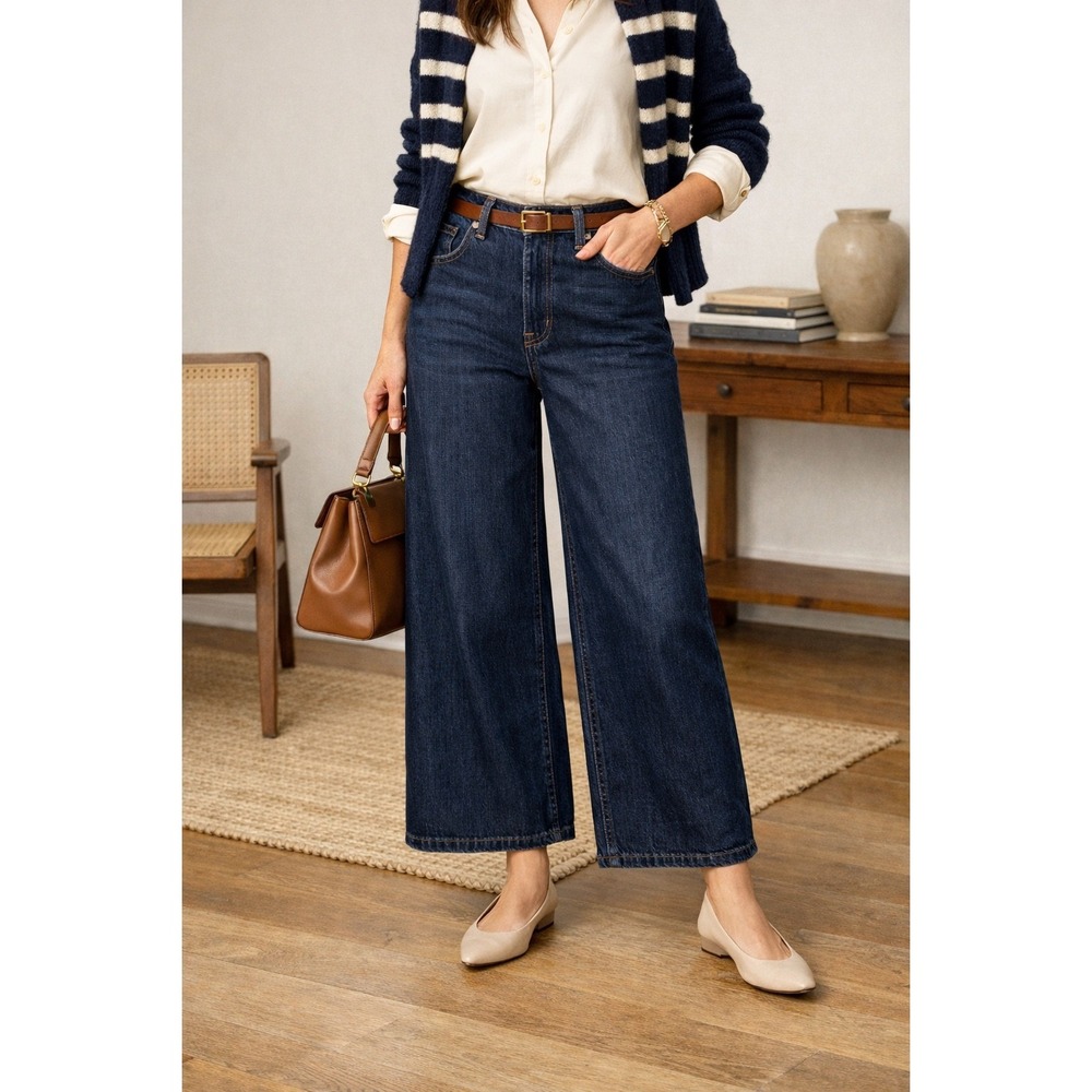 J. Crew Dark Indigo Wide-Leg Cropped Jeans - Picture 1 of 9